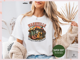 Women’s Nashville Graphic T-Shirt – Country Music Boots & Guitar White Tee