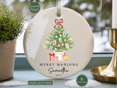 Merry Mahjong Ornament Custom Mahjong Christmas Ornaments Mahjong Blue Chinoiserie with Pink Bow Coquette Mahj Game Night Gift Ceramic Decor