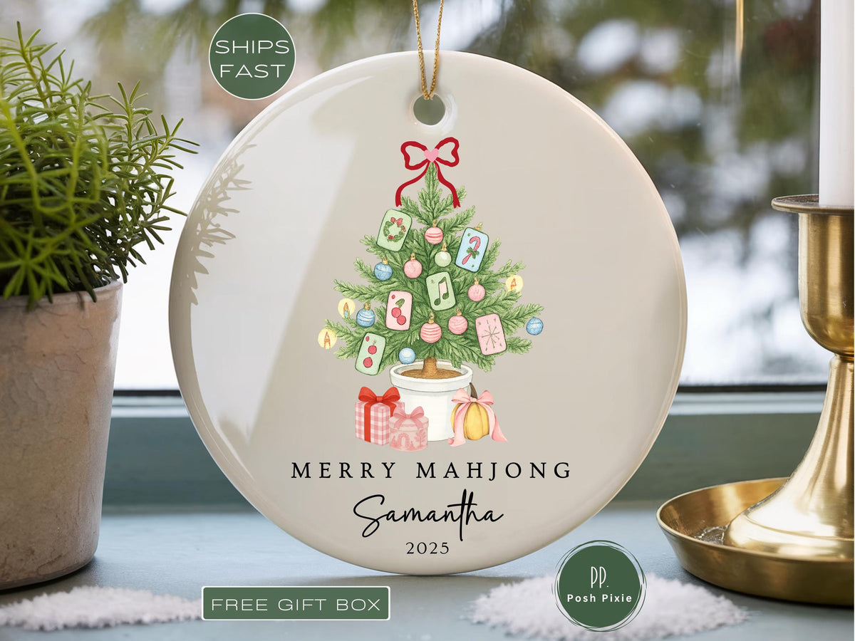 Merry Mahjong Ornament Custom Mahjong Christmas Ornaments Mahjong Blue Chinoiserie with Pink Bow Coquette Mahj Game Night Gift Ceramic Decor