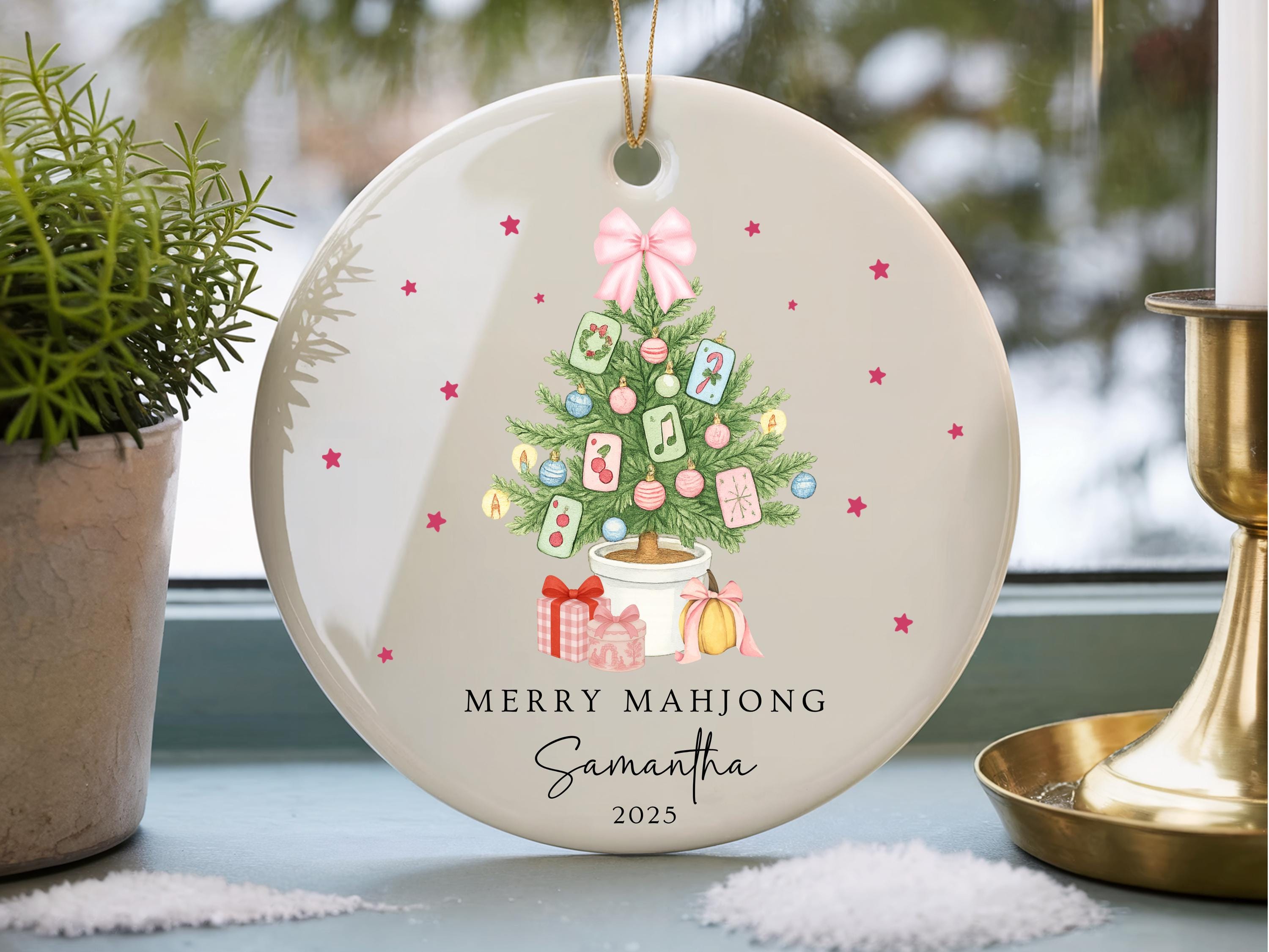 Merry Mahjong Ornament Custom Mahjong Christmas Ornaments Mahjong Blue Chinoiserie with Pink Bow Coquette Mahj Game Night Gift Ceramic Decor