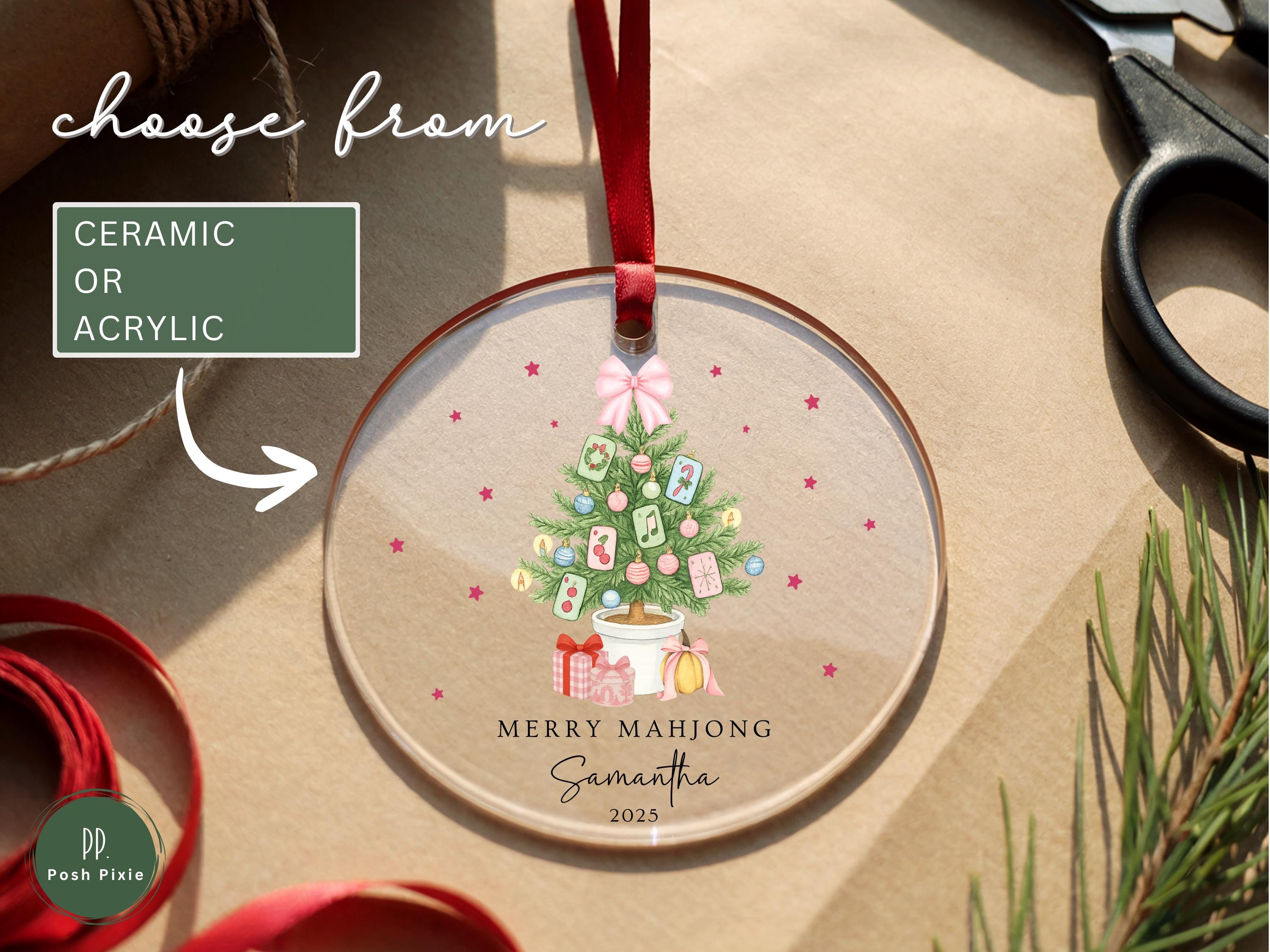 Merry Mahjong Ornament Custom Mahjong Christmas Ornaments Mahjong Blue Chinoiserie with Pink Bow Coquette Mahj Game Night Gift Ceramic Decor