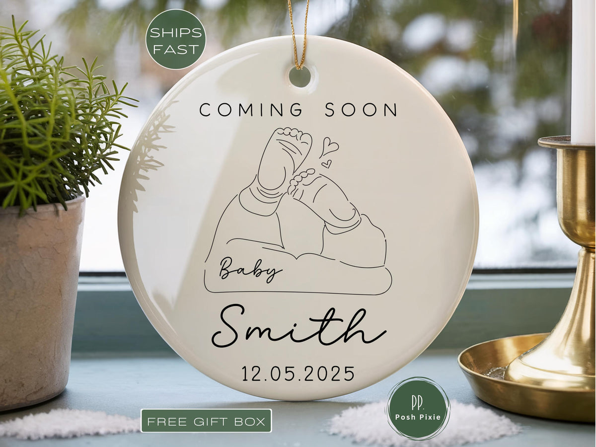 Birth Announcement Ornament Personalized Baby Name Arriving Ornament Boho Baby Coming Soon Ornament Pregnancy Reveal Ornament Baby Reveal