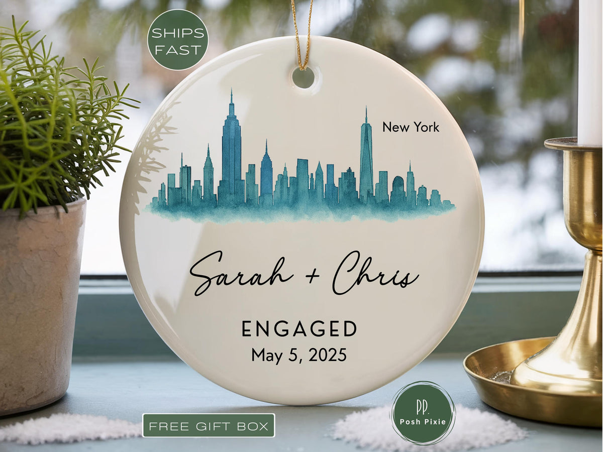 Engagement Ornament Personalized City Skyline Just Engaged Gift, Cities Christmas Ornaments 1st Xmas Engaged Couples Ornament Gay Engagement