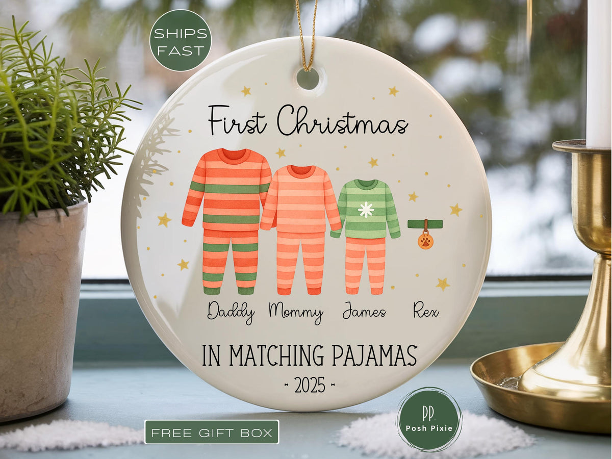 Personalized Family Of Three First Christmas in Matching Pajamas, Custom First Christmas Family of Three Christmas Ornament Gift for Parents