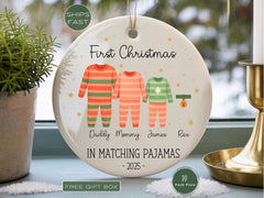 Personalized Family Of Three First Christmas in Matching Pajamas, Custom First Christmas Family of Three Christmas Ornament Gift for Parents