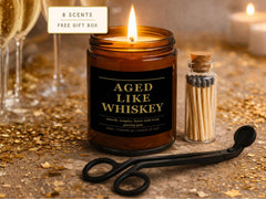 Funny 50th Birthday Gift Candle: Aged Like Whiskey 9 oz Soy Candle Set with Wick Trimmer